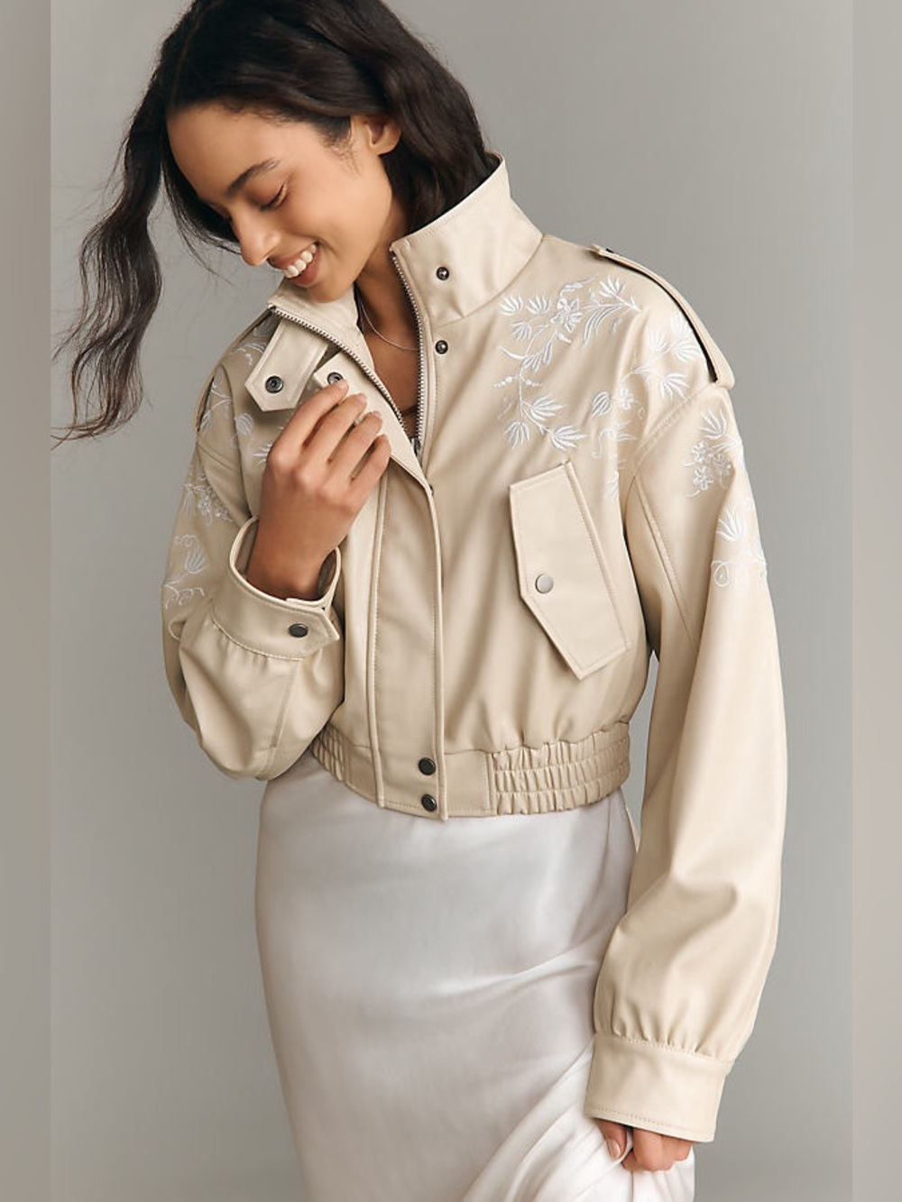 Anthropologie Faux-Leather Floral Cream Embroidered Moto Jacket